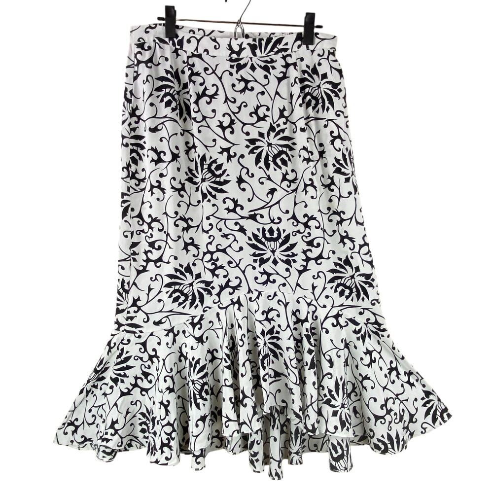 Vintage Silk Assets 100% Silk Midi Skirt Size L Ruffle Cream Black Party